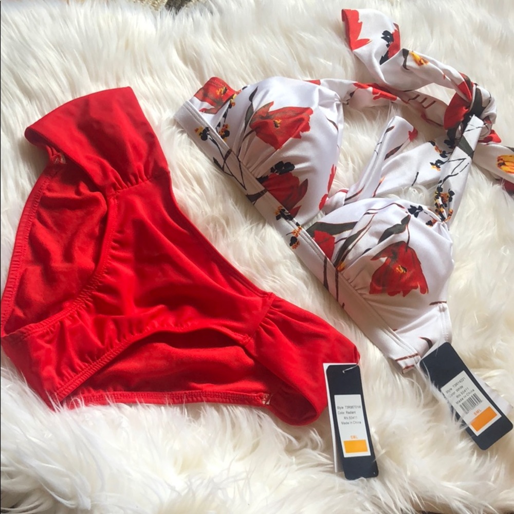 Rachel Roy Floral halter red swim suit NWT Small